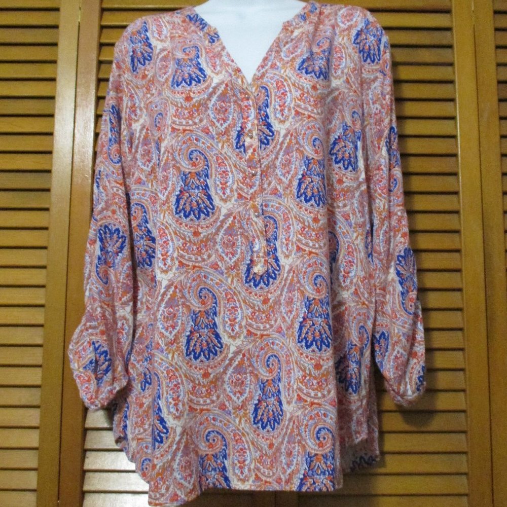 Grand & Greene top flowy feminine, V neck, lightweight, blues, reds, tan size XL